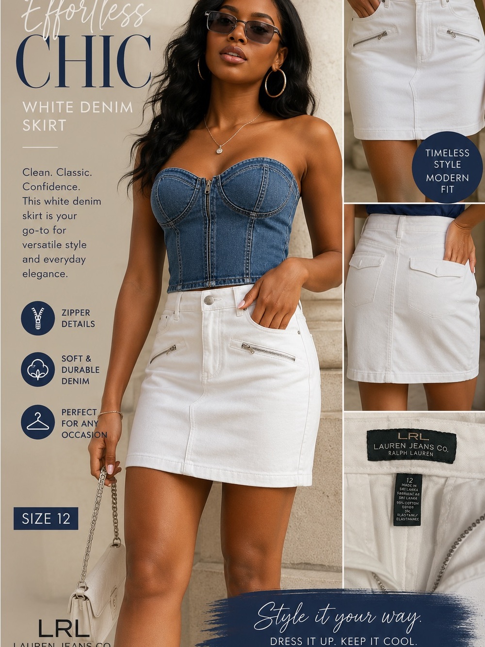 Ralph Lauren White Denim Mini Skirt with Zipper Accents
